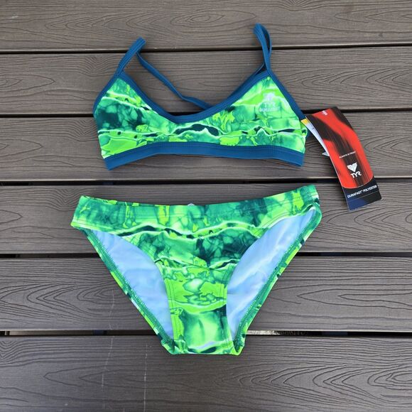 TYR Womens Green Admiral Ringback Workout Bikini Set Sz L top; M Bottom NEW - Picture 1 of 4